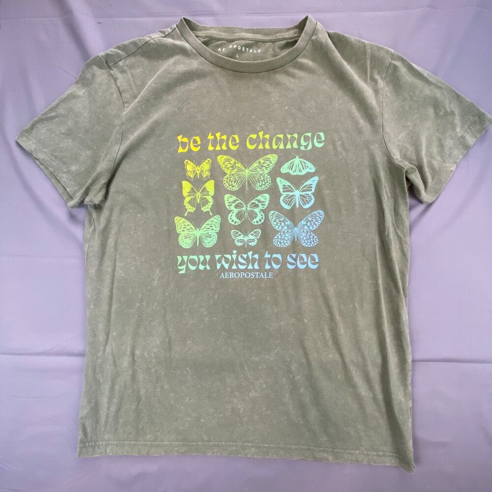 Aeropostale Graphic Tee Shirt Womens Large Olive Green Butterfly Be The Change
